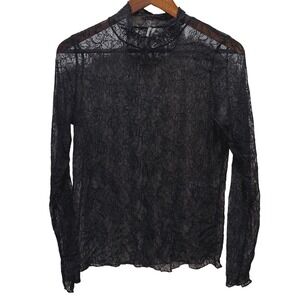 Anthropologie Black Lace Mock Neck Long Sleeve Sheer Top Womens M